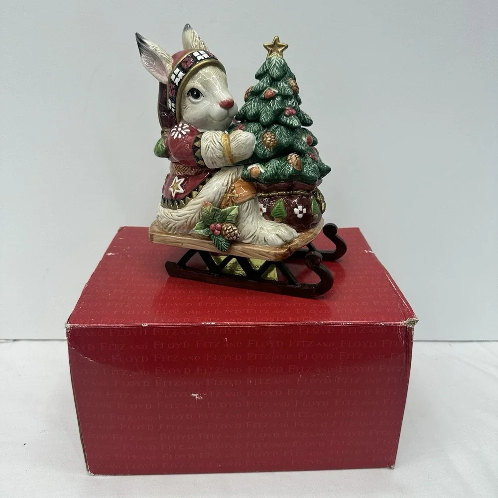 Fitz and Floyd Christmas Lodge Rabbit On A Sleigh With Tree Cookie jar W / Box